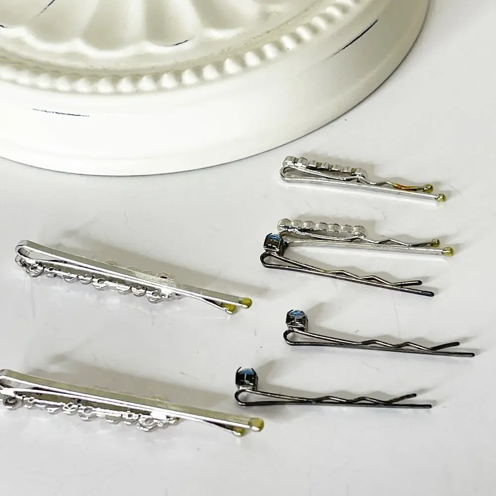 Lot‎ of 7 Vintage Y2K Rhinestone Silver Bobby Pins 90s Fashion Glam Sparkle